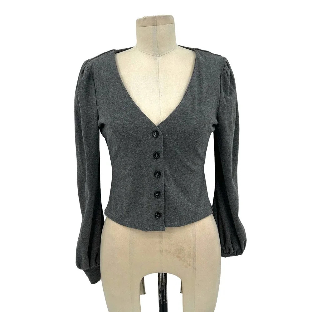 Privacy Please x Revolve Gray Puff Sleeve Cotton Cardigan Sweater Size Small‎